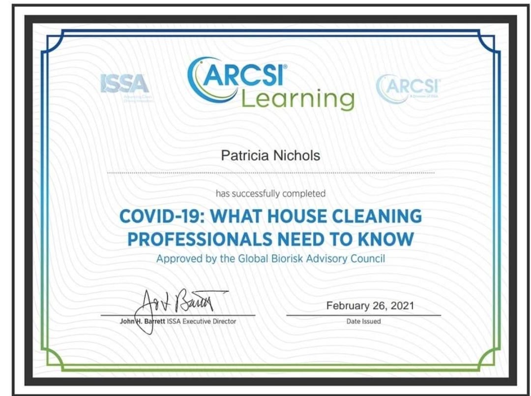 ARCSI Certificate - Professional cleaning services in Vancouver, BC